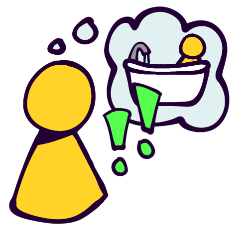 a simple yellow person thinking of themself taking a bath with two green exclamation points.